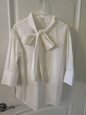 White Bow Tie Neck Blouse
